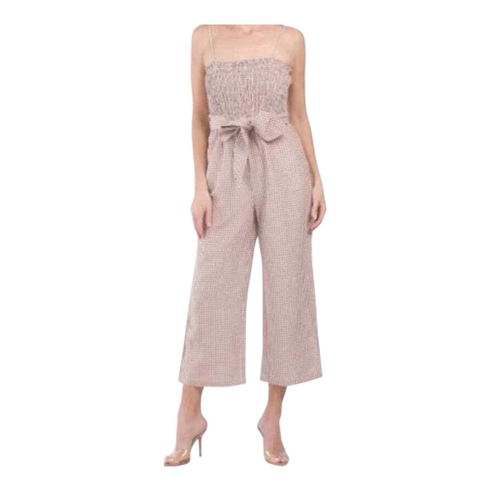 House Of Harlow 1960 Womens Jumpsuit Brown M Gingham Wide Leg Smocked Top Linen